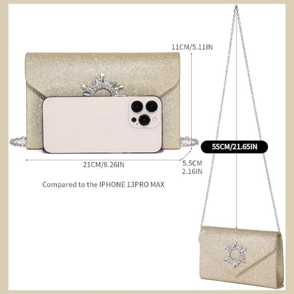 NWT Gold Glitter & Rhinestone Accent Envelope Evening/Clutch/Crossbody Bag - Picture 3 of 14
